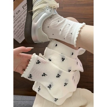 9白色堆堆襪女夏季薄款網眼透氣日系簡約蝴蝶結木耳邊花邊中筒襪潮