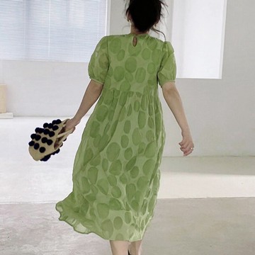 雪紡泡泡短袖仙女綠色連衣裙夏薄款2022年法式初戀肌理高級感長款