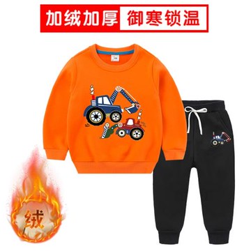 GILE兒童加絨保暖衛衣套裝男童一體絨兩件套洋氣秋冬裝挖掘機