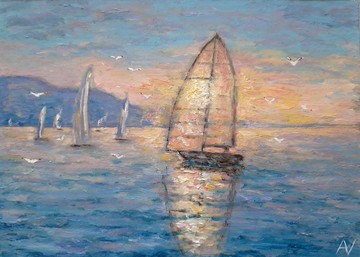 湖面夕陽原作油畫，帆船微型藝術品，海洋手繪壁畫