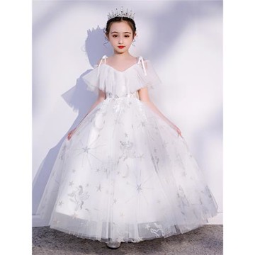 白色花童婚紗禮服裙女童裙生日洋氣走秀鋼琴演出服系帶公主裙模特