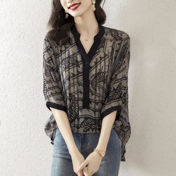 2025夏季新款減齡印花上衣女重工燙鉆V領短袖天絲棉襯衫防曬衣潮