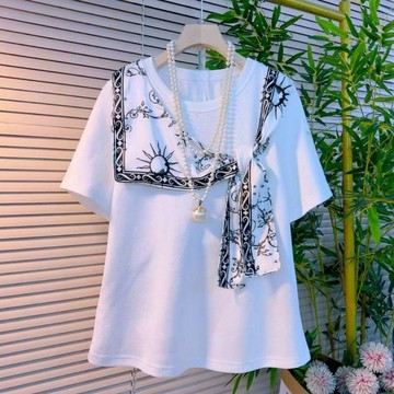 重工絲巾拼接T恤女 上衣 T恤  夏季t恤 大碼重工絲巾拼接短袖t恤女夏季新款胖mm寬鬆顯瘦外穿時尚上衣女女裝