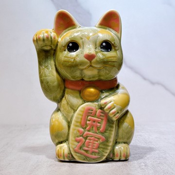 【福鈴迎財】日本清水燒招財貓 | 綠黃 開運 右
