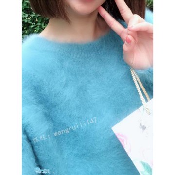 長毛貂絨外穿毛衣孔雀藍寬松慵懶加厚水貂毛套頭針織上衣圓領韓版