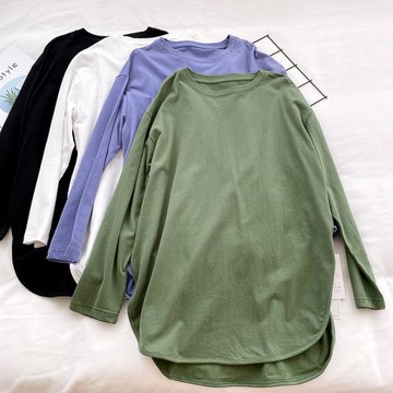 不規則下擺圓弧長袖T恤女 純色寬松磨毛慵懶風套頭休閑上衣打底衫