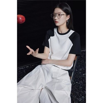 (免運)moment純棉短袖t恤女2024新款夏季顯瘦設計感小眾撞色顯瘦寬松