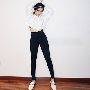 FINDSENSE G6 韓國時尚  高腰彈力紧身速干运动褲绑带前系绳训练跑步瑜伽提臀健身长裤