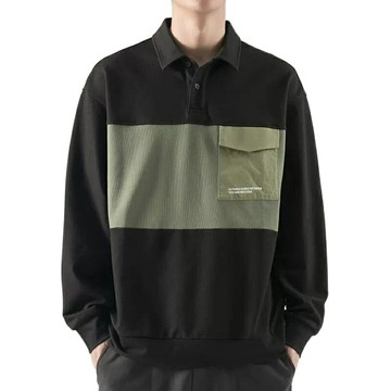 春秋新款男士polo衫|大尺碼115公斤男上衣|撞色翻領打底衫|拼接長袖T恤|日系長袖polo衫|寬鬆上衣|韓版衛衣