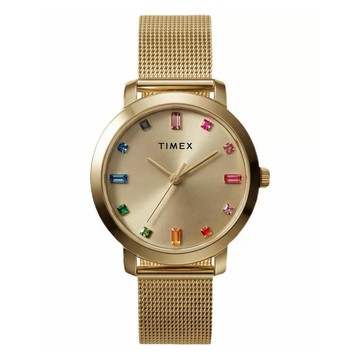 【TIMEX】天美時 Main Street 31毫米 水晶時標 不鏽鋼網帶女錶(金 TXTW2Y48700)