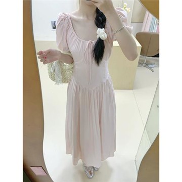 (免運)鄭在在法式氣質方領粉色連衣裙女長袖溫柔風初戀長裙早秋茶歇裙