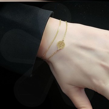 手鏈女新款不褪色鈦鋼保色雙層喜字幸運小福牌復古風手鏈手飾