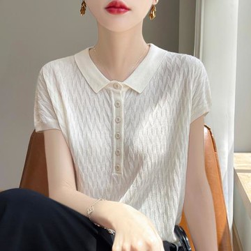 夏季新款萊賽爾polo領短袖t恤女提花針織寬松顯瘦上衣天絲薄款