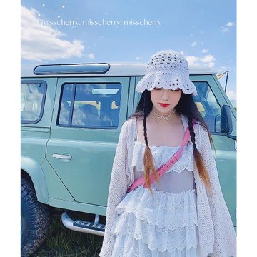 misscherry自制早春 阿嬤純手鉤 韓國棉線鏤空花朵波浪邊漁夫帽女