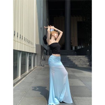海邊網紗裙藍色半身裙女裝夏季辣妹高腰魚尾裙長裙氣質包臀裙裙子
