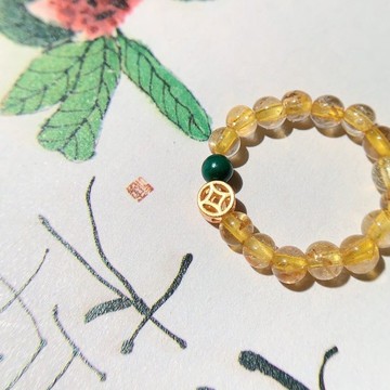 原創手工天然金發晶天然干青戒指s925銀小銅錢招財戒指好運禮物