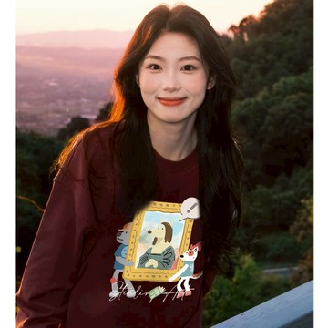 美式復古 卡通印花酒紅色衛衣寬鬆韓系慵懶風百搭休閒花灰色衛衣寬鬆套頭女生上衣 男生長袖 圓領長袖 大學T 韓版T