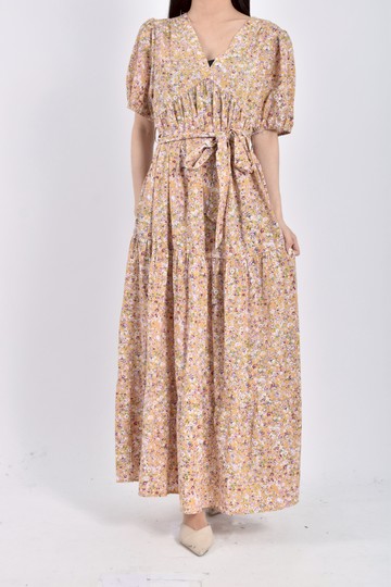 (S) earth music ecology碎花質感棉質純棉短袖黃色綁帶洋裝