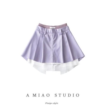 設計感純欲風高腰螺紋拼接不規則下假兩件半身裙防走光A字百褶裙