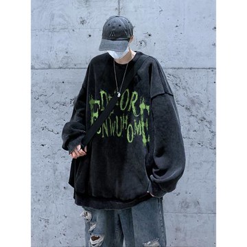 美式復古字母圓領衛衣男秋冬款情侶水洗做舊上衣重磅高街大碼外套