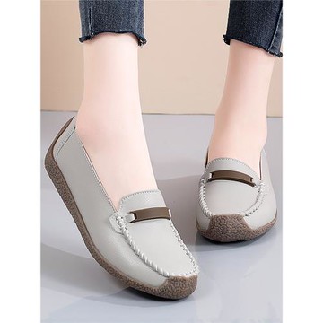 春季豆豆鞋女春秋網紅平底淺口透氣防滑牛筋底軟底軟面真皮媽媽鞋