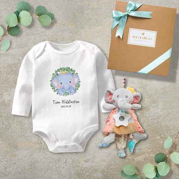 幸運小象 客製長袖包屁衣+娃娃安撫巾 嬰兒禮盒