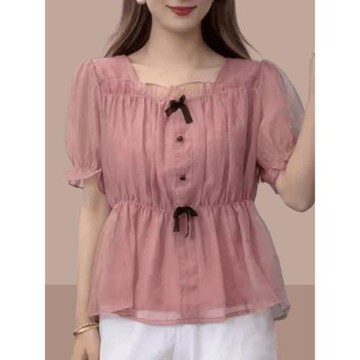 爆款設計感雪紡短袖襯衫女士2025夏季新款褶皺收腰顯瘦上衣體恤衫