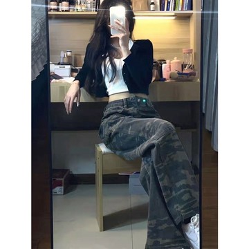 牛仔寬褲女 大尺碼牛仔褲 高腰直筒褲女 顯瘦長褲 韓版牛仔褲女 美式復古迷彩牛仔褲女春秋高腰直筒寬松闊腿工裝長褲子高街i