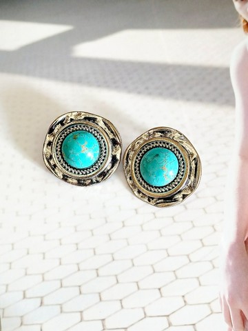 vintage jewelry  氣質雲邊仿綠松石 夾式耳環