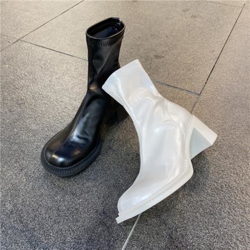 大頭高跟短靴女2022粗跟圓頭后拉鏈百搭切爾西彈力靴子韓版馬丁靴