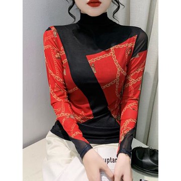 高領打底衫女秋冬歐洲站時尚撞色網紗上衣緊身內搭長袖洋氣小衫潮