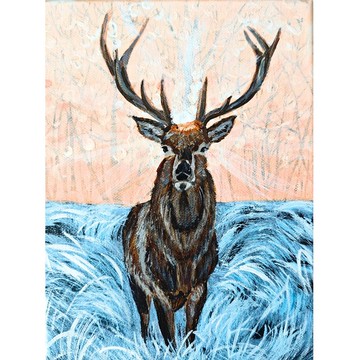 冬季雄鹿油畫  原創丙烯雪景鹿  北歐牆面藝術  作者 RinaArtSK