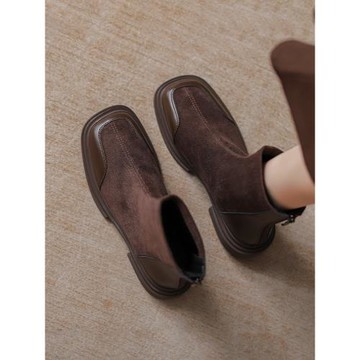 真皮~切爾西短靴女2026新款秋冬季短靴方頭平底絨面瘦瘦靴馬丁靴