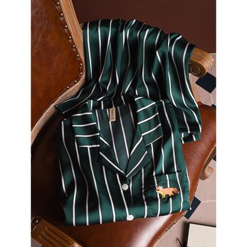 夏季真絲睡衣男女士100%桑蠶絲情侶款套裝短袖短褲條紋薄款家居服