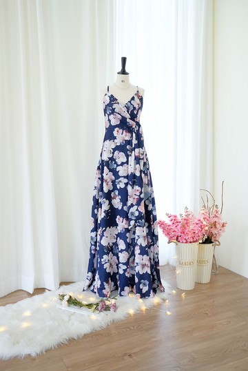 海軍藍緞面印花長禮服，適合參加派對、海邊度假、伴娘服。