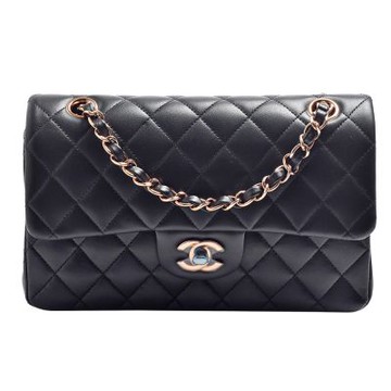 CHANEL 經典COCO菱格紋小羊皮玫瑰金雙鍊肩/斜背包(23cm-黑色)