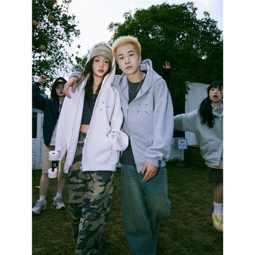 日系簡約刺繡連帽開衫衛衣男春秋400g重磅情侶款拉鏈帽衫外套上衣