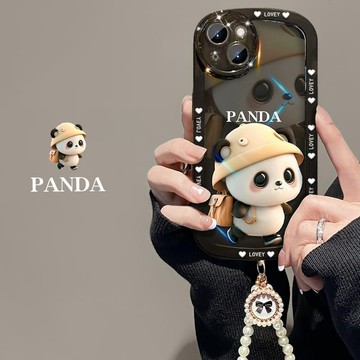 可愛綠帽熊貓 適用於iPhone15 14 13 12 11promax手機殼 卡通xs/xr手鍊7/8防摔保護套