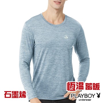 PLAYBOY 石墨烯恆溫蓄暖抗菌消臭圓領長袖T恤-單件(麻灰藍)