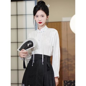 古風漢服上衣配馬面裙的襯衣長袖立領對襟國風女裝白色新中式襯衫