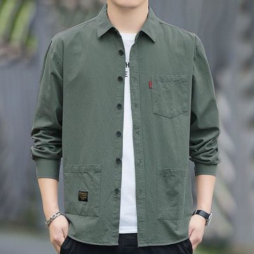 保羅高檔100%純棉長袖襯衫男多口袋春秋季外套純色衣服男士襯衣