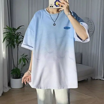 有貨在臺🚀99免運🚀短袖t恤男士夏季薄款2025新款潮流青少年潮牌漸變色冰絲半袖體恤