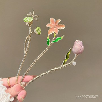 新款發飾推薦✨森係鬱金香花卉髮簪女款古風子頭盤髮器現代漢服髮釵子旂袍簪子 KATQ