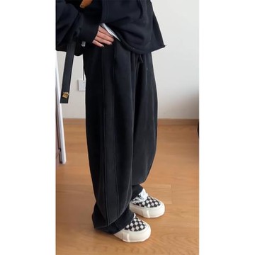 加絨褲子女秋冬香蕉彎刀褲寬松bf慵懶風休閑運動大碼黑色闊腿衛褲