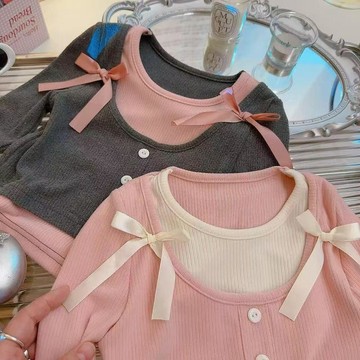 【台灣出貨】2025春季新款女童甜美假兩件打底衫蝴蝶結t恤可愛彈力打底衫洋氣百搭袖子上衣T恤假兩件兒童上衣