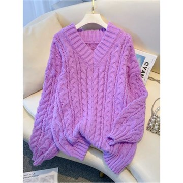 超好看粉色麻花V領毛衣女秋季新款大碼胖mm顯瘦漂亮中長款針織衫