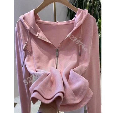 新款💖T恤 女上衣 韓版單/兩件 歐洲站秋季韓版拉鍊連帽長袖t恤女休閒百搭顯瘦打底上衣 衣服女 短板上衣 長袖T恤 復