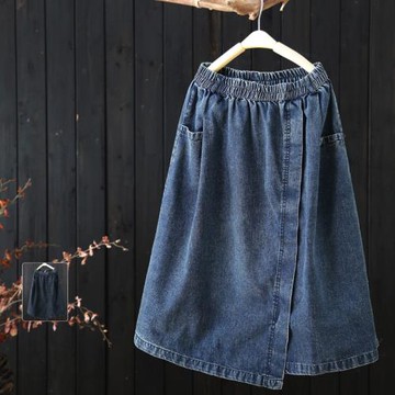 2024年春季新品松緊腰純色牛仔裙女中長款半身裙減齡百搭A字裙女