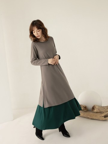 圓領針織雙層傘襬開衩長洋裝