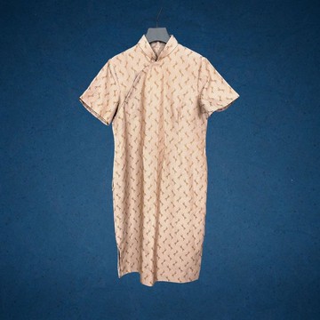 二手 古董訂製 駝色 織紋 開衩 短袖 旗袍 CA801